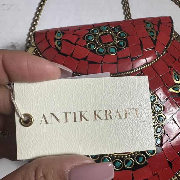 ANTIK KRAFT Women's Red/Turquoise Mosaic Tile Crossbody Bag NWT - Picture 5 of 9